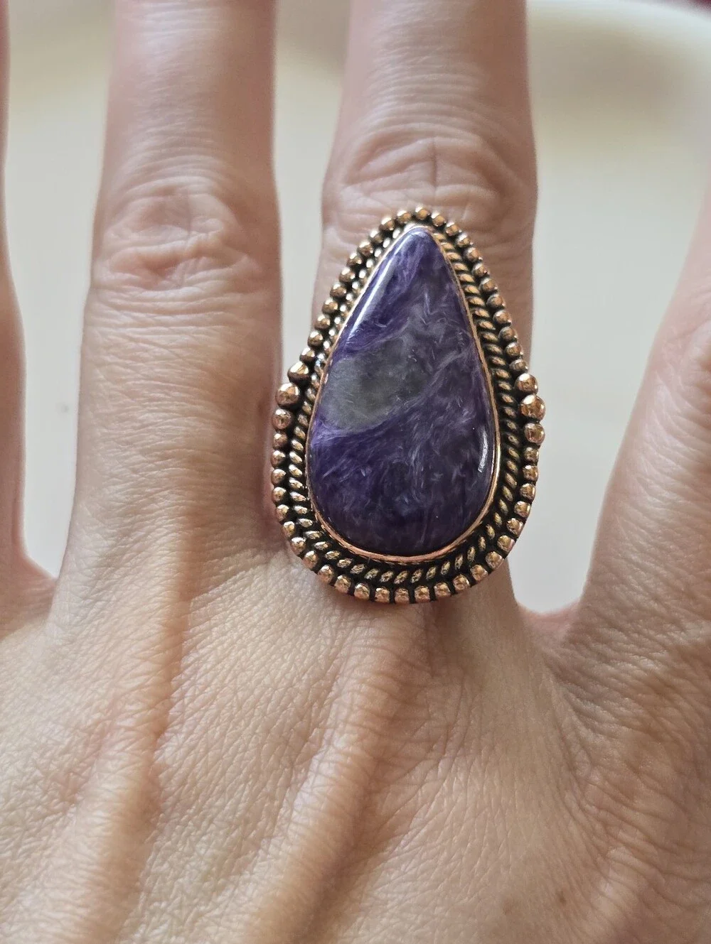 Almond Shaped Charoite Ring In Copper, Southwestern